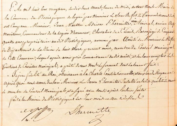 Installation de Jean Lhermitte au Conseil municipal du Plessis-Piquet, 8 mars 1821.