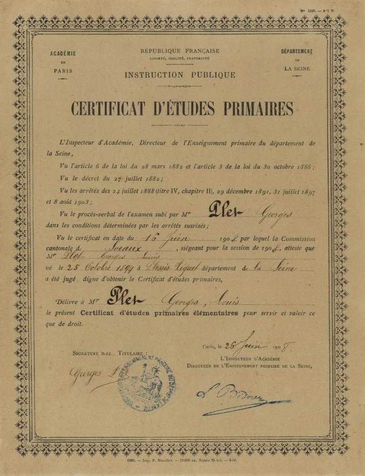 Certificat d’études primaires de Georges Plet.